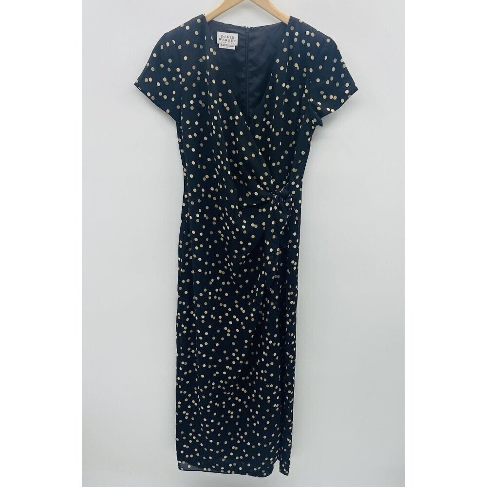 David Warren New York Womens Size 8 Polka Dot Short Sleeve Faux Wrap Dress Black